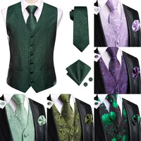 Dark Green Silk Men Vest Tie Elegant Solid Dress Sleeveless Jacket 4PC Hanky Cufflink Paisley Suit Waistcoat Wedding Gift Hi-Tie 1