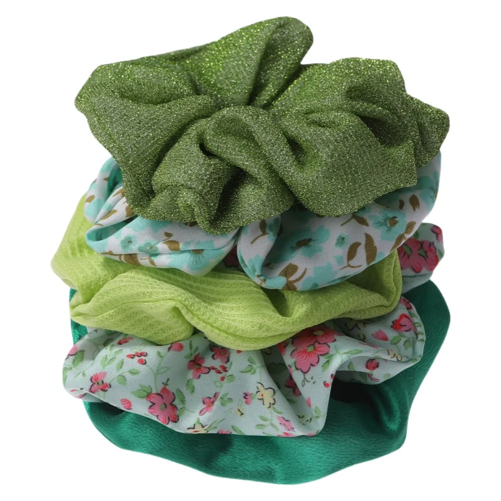Floral & Leopard Print Hair Scrunchies Set - Pack of 5, No-Crease Elastic Ponytail Holders in Pink & Purple