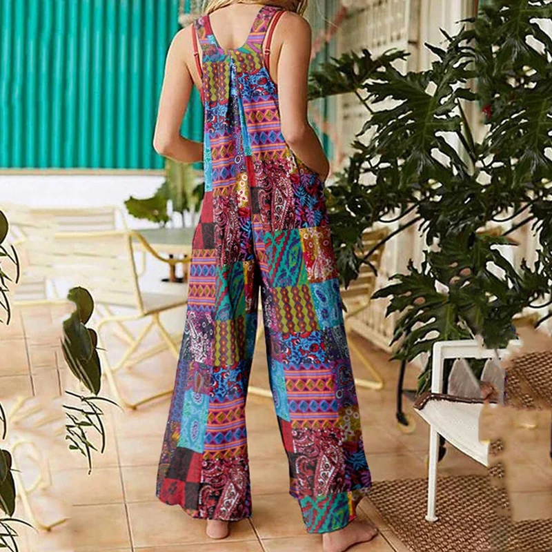Women Jumpsuits Summer Overalls Multicolor Ethnic Style Square Neck Sleeveless Casual Rompers with Pockets for Girls Playsuit