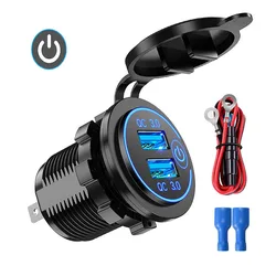 Dual USB Fast Car Charger with Waterproof Touch Switch, Quick Charge 3.0 Power Outlet (Blue add  wire)