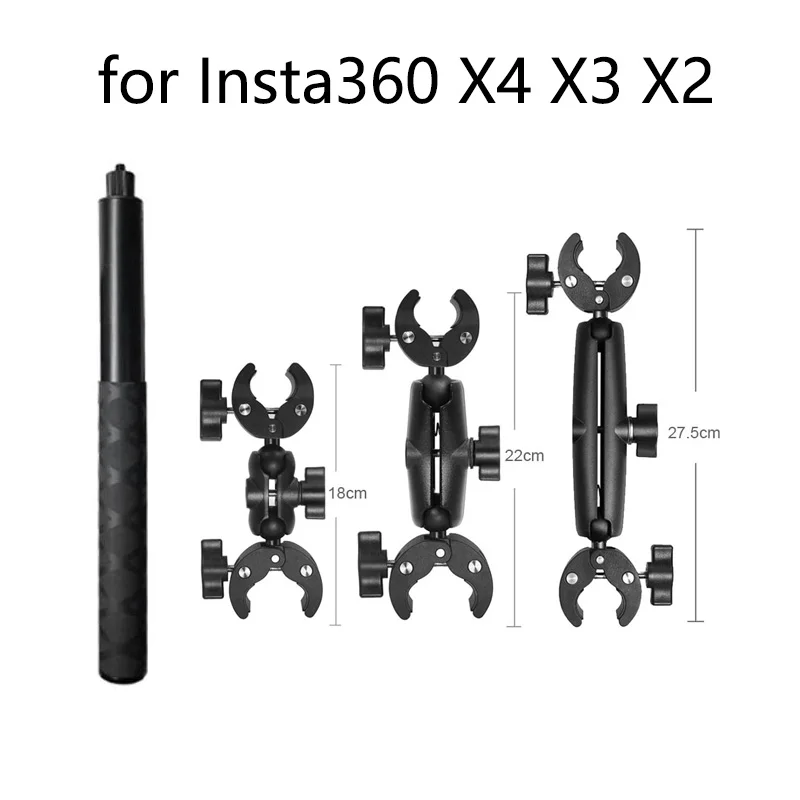 Motorcycle Bicycle Handlebar Base Mount Bracket Clip for Insta360 X4 X3 GoPro 12 11 10 DJI Action 4 3 1.5m Extended Selfie Stick