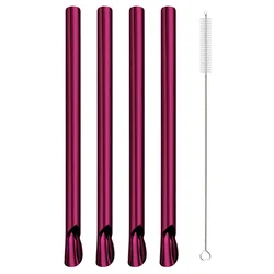 Stainless Steel Reusable Straw & Spoon Set - Eco - Friendly Metal Drinking Straws with Cleaning Brush for Smoothies and Bubble Tea (5 - Piece) (Purple)