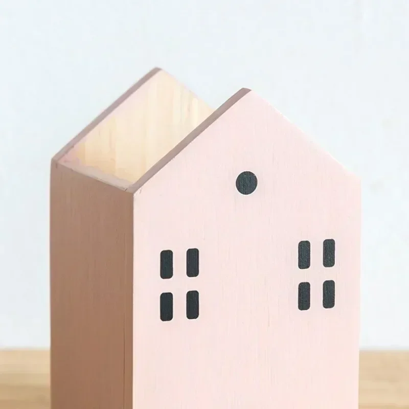 Cartoon House Wooden Pen Holder Pencil container Makeup Brush Stationery storage box Student/ Office Desktop Storage Organiser 5