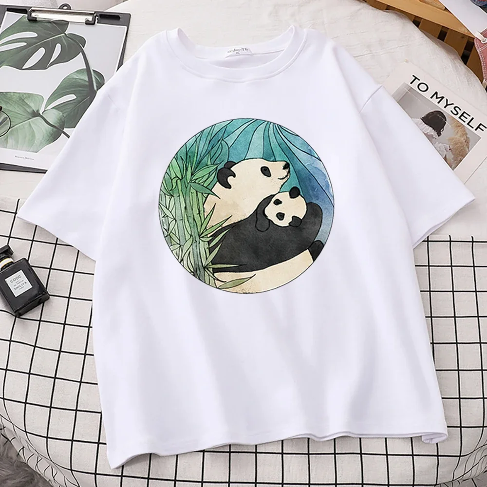 

Printed Womens T Shirt Mom Panda and Little Baby Harajuku T Shirt Korean Style Tops 2024 Summer Soft Women Street Ins T Shirts