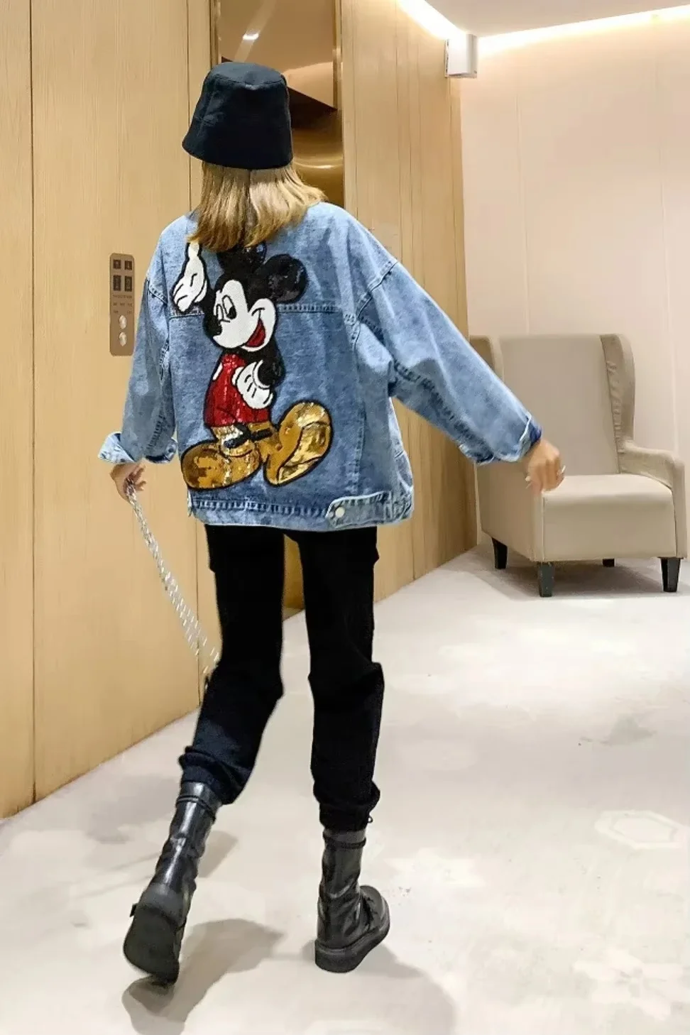 Disney Mickey Denim Jacket Long Sleeve Embroidered Sequin