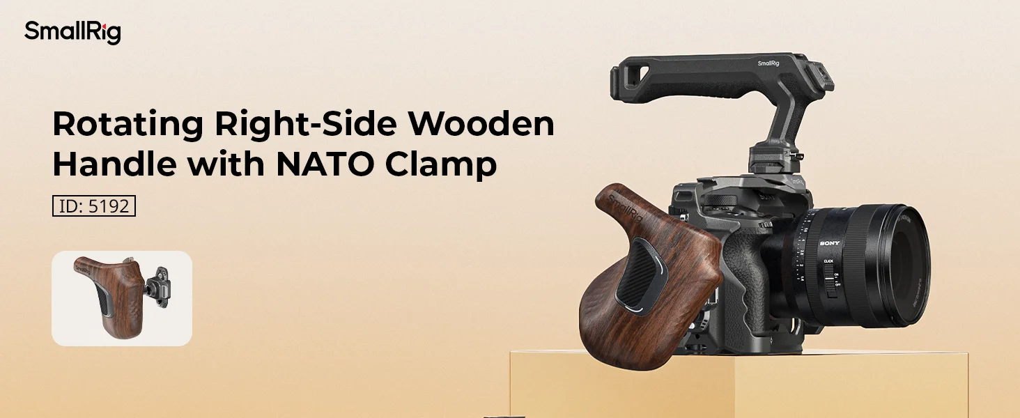 Rotating Right/Left-Side Wooden Handle w NATO Clamp for Camera/Monitor Cages & M