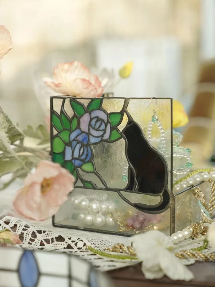 Cat handmade Tiffany glass kitten jewelry box on windowsill storage box candle 8