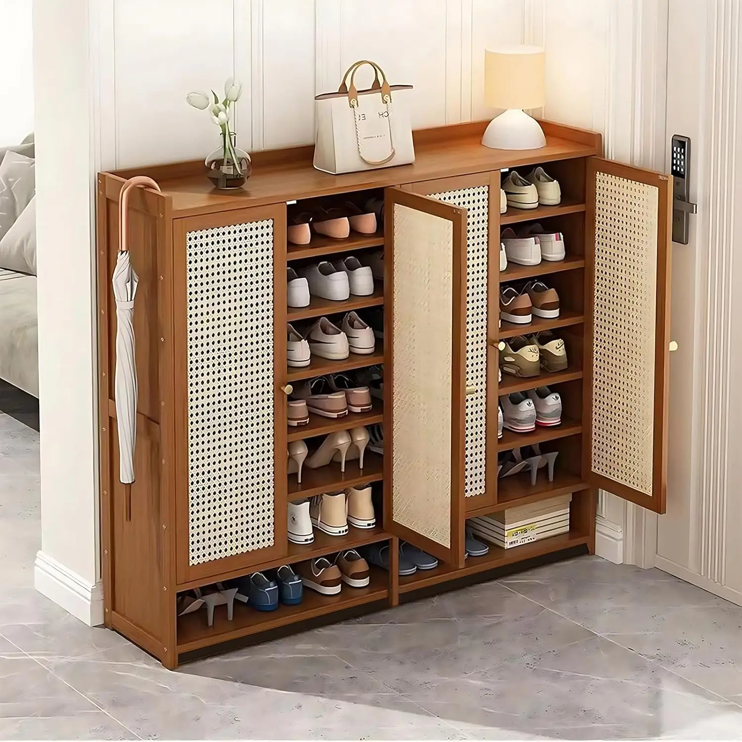 Description Picture 2 of item8-Tier Bamboo Shoe Cabinets with Door, 36-40 Pairs Freestanding Shoe Rack for Closet, Shoe Storage Cabinet for Entryway