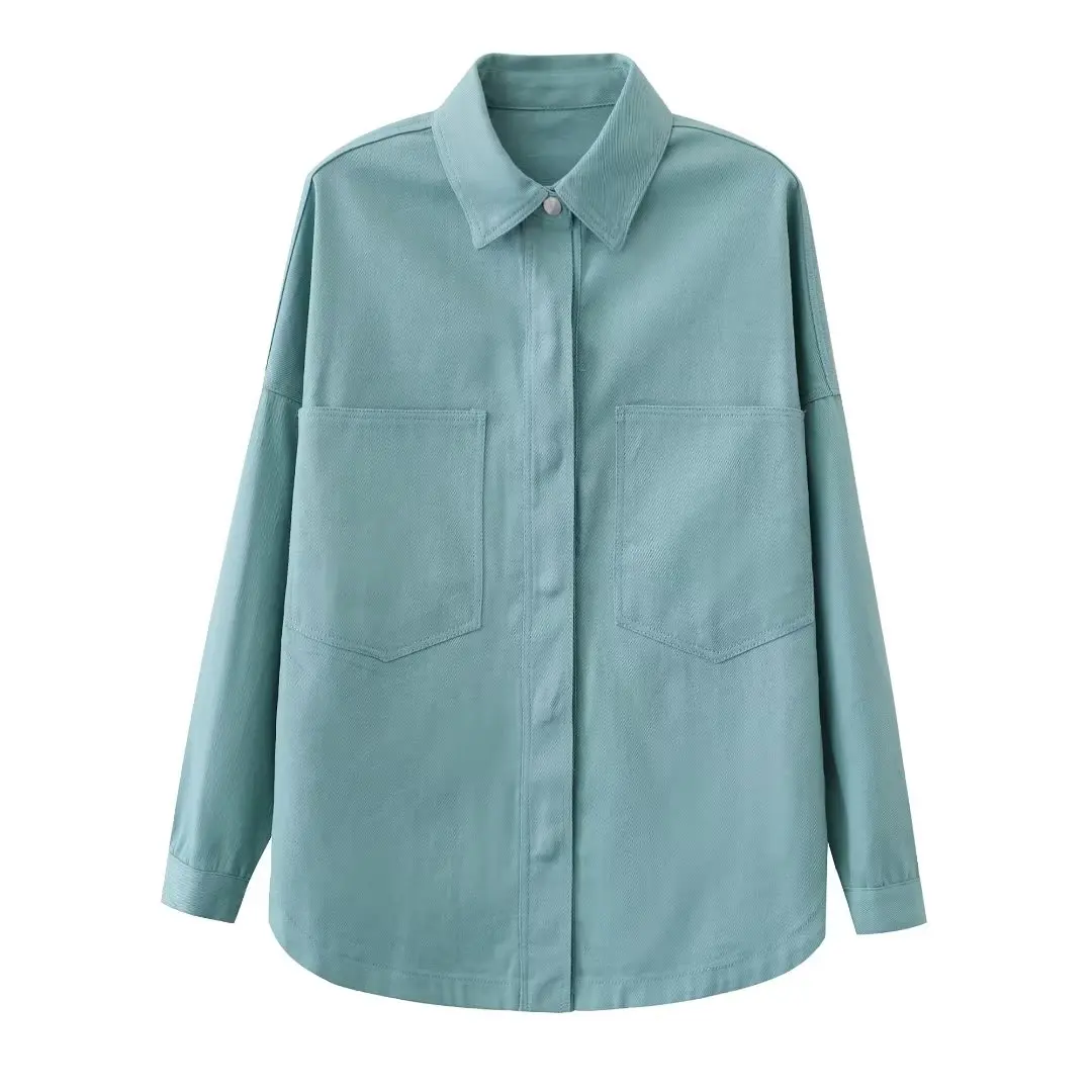 

New women's dress with patch pockets on the front Asymmetric hem Snap closure pockets on the front Denim shirt jacket