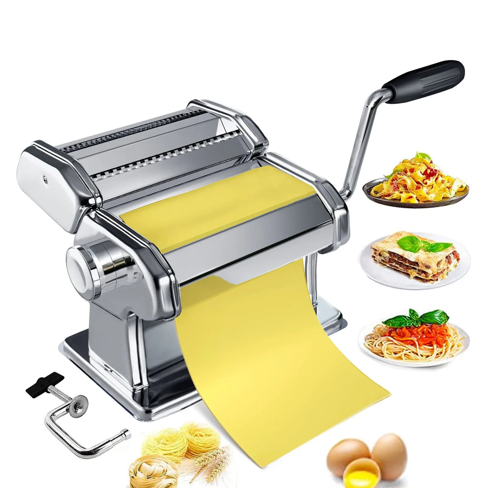 Noodle Press Pasta Attachment 0.5-2.5mm Hand Crank Noodle Machine Stainless Steel Dough Roller Pasta Maker 7 Thickness Settings