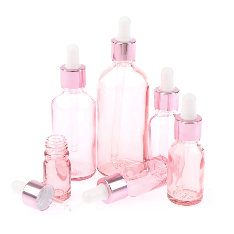 1PC 5/10/15/20/50/100ml 핑크 반투명 Dropper 유리 병 피펫 시약 빈 리필 용 병 에센셜 오일 병