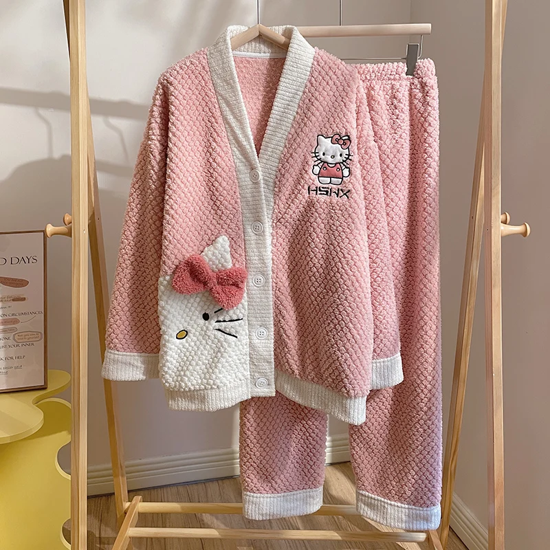

Kawaii Sanrioed Hellokittyed милый мультфильм Осень и зима коралловый бархат Теплый фотоэлемент аниме новая свободная Пижама для девушек