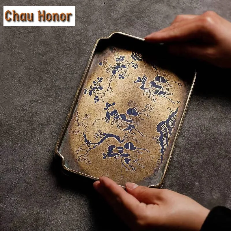 Boutique Antique Hand-painted Pure Copper Tea Trays Handmade Household Dry Foam Table Kung Fu Tea Set Tea Ceremony Accessories