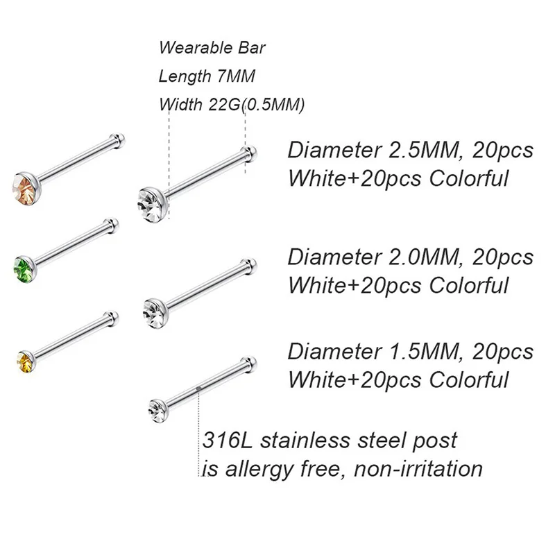 Nose Rings L Shape Stainless Steel Crystal Nose Ring Set for Women Surgical Steel Nose Piercing Studs Body Jewelry
