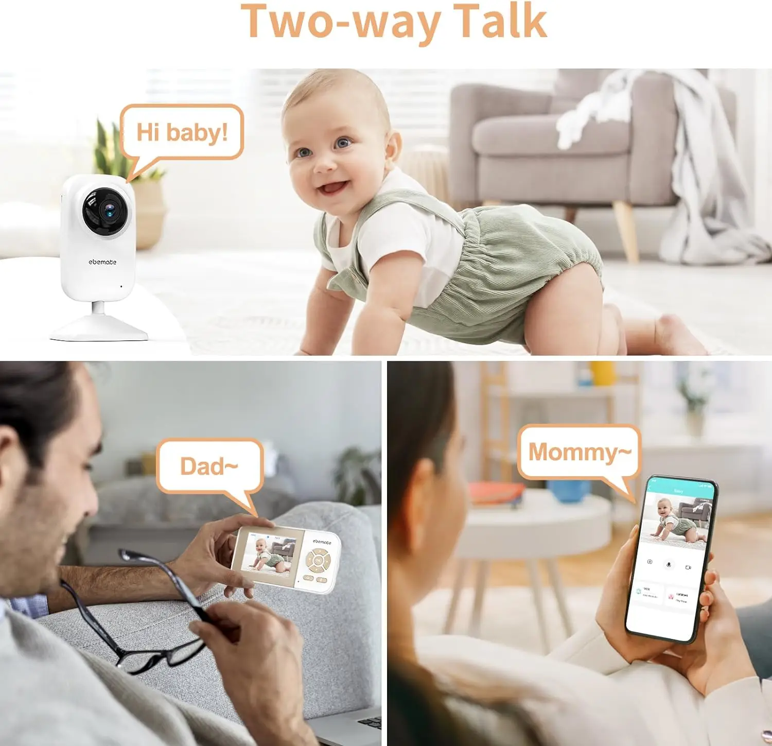 ebemate wifi Video Baby Monitor with 2 Cameras 2.8 inches LCD Screen baby monitor with night vision,2-Way Talk Audio Camera bebe