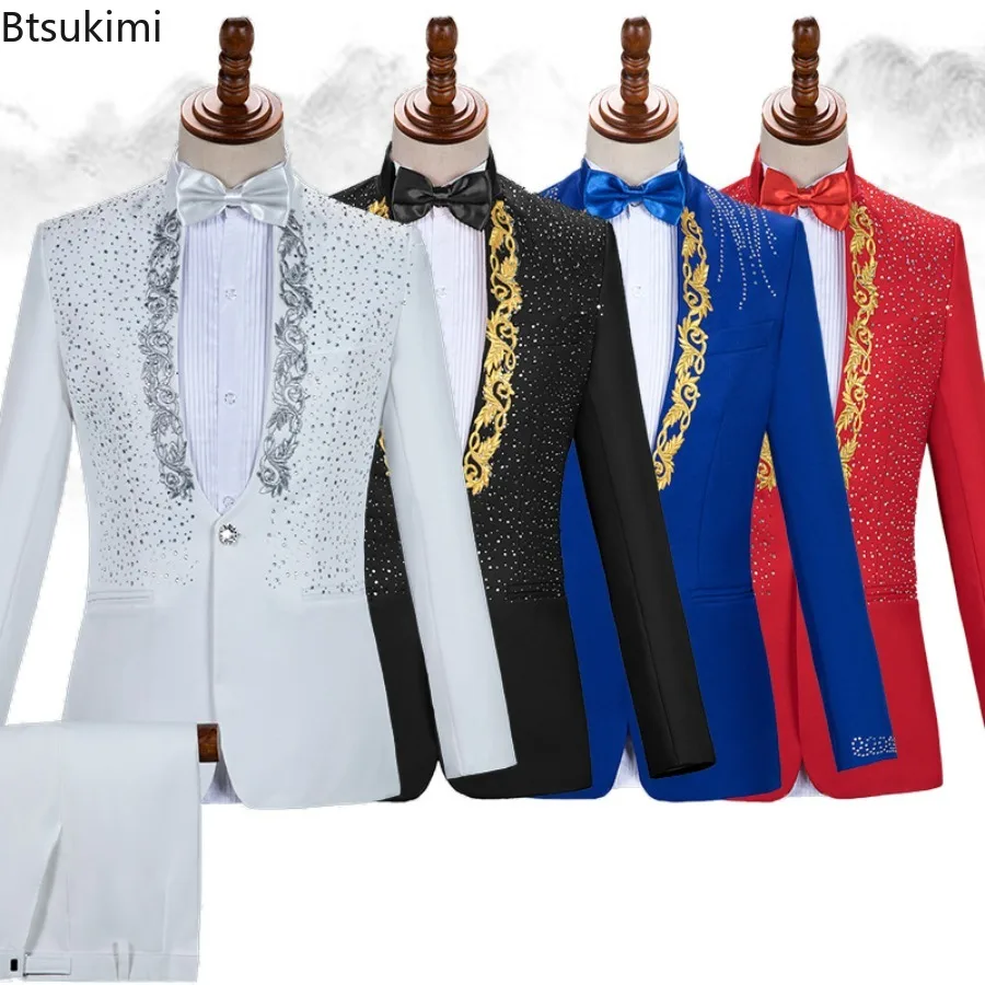 2024 Men's Stage Costume Suit Sets 2PCS Fashion Luxury One Button Sequin Embroidery Suit Jacket+Pants Male Singer Host Clothes