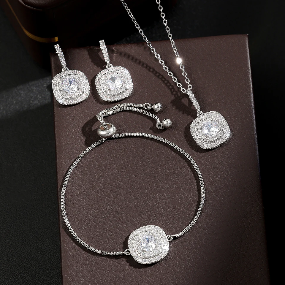 ZAKOL 3 Pcs Brilliant Micro Paved Zirconia Square Earring/ Necklace/Bracelet Jewelry Set for Women Gorgeous Wedding Jewelry 2