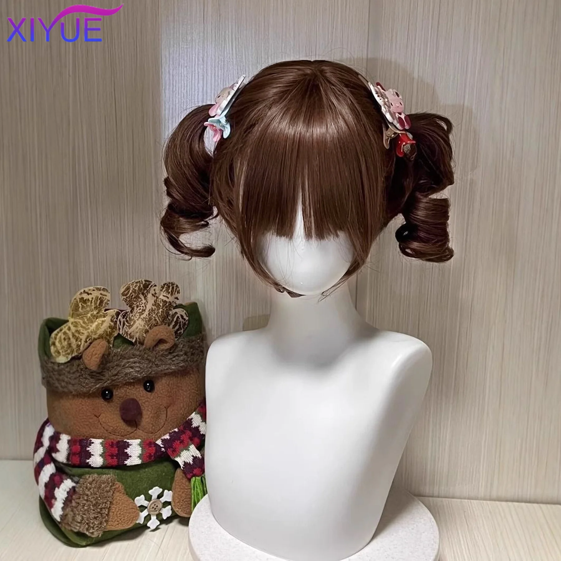 Black Twin Ponytail Princess Cut Natural Short Hair Synthetic Wigs With Bangs For Women Heat Resistant Cosplay Lolita Hair ﻿