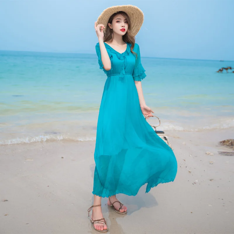 

100% Real Mulberry Silk Dresses for Women 2022 Summer Solid Color Deep V-Neck Long Female Dress High Quality Beach Style Dresses