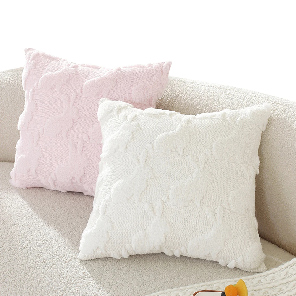 Easter Rabbits Throw Pillow Cover 45x45cm Plush Rabbit Jacquard Pillowcase Bunny Faux Fur Pillow Case for Home Decor