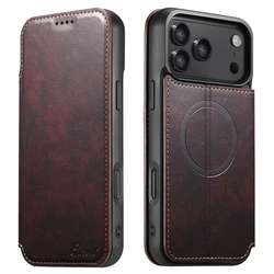 Premium Flip Leather Wallet Card Holder with Magnetic Closure - Magsafe Compatible Full Cover Case - iPhone 15 Plus (Brown)
