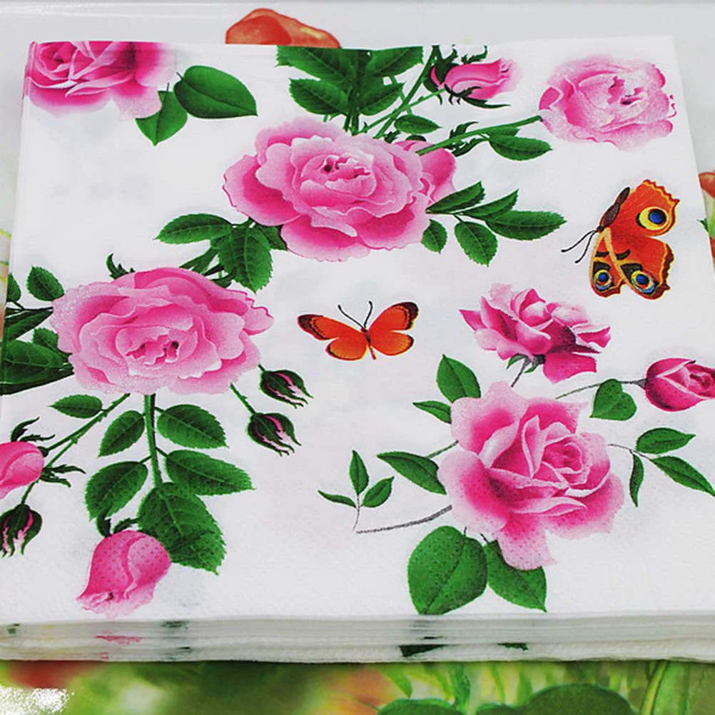 20Pcs Rose Print Napkins Disposable Party Paper Napkins Eco Friendly Wood Pulp Material Printed Serviettes Sanitary Tissue
