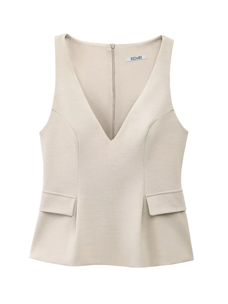 TFMLN Women Solid Skirt Hem Tops Spring Summer Fashion Chic Sleeveless V-neck Flip Pockets Shirts Sweet Lady Causal Tops