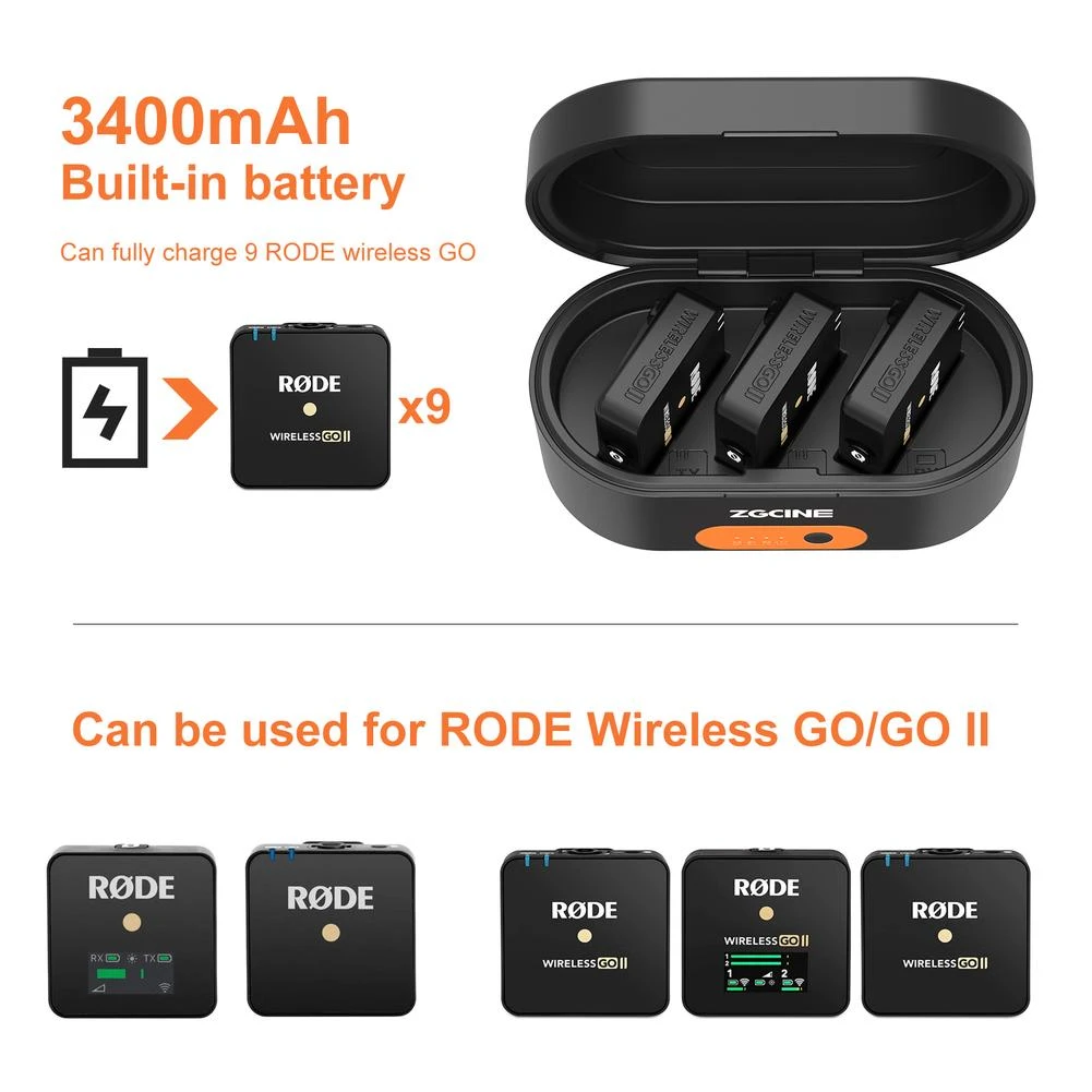 2 In 1 Wireless Lavalier Microphone Charging Case Box For Rode Wireless Go 1/2 Generation 3400mah Battery Capacity Charging Box
