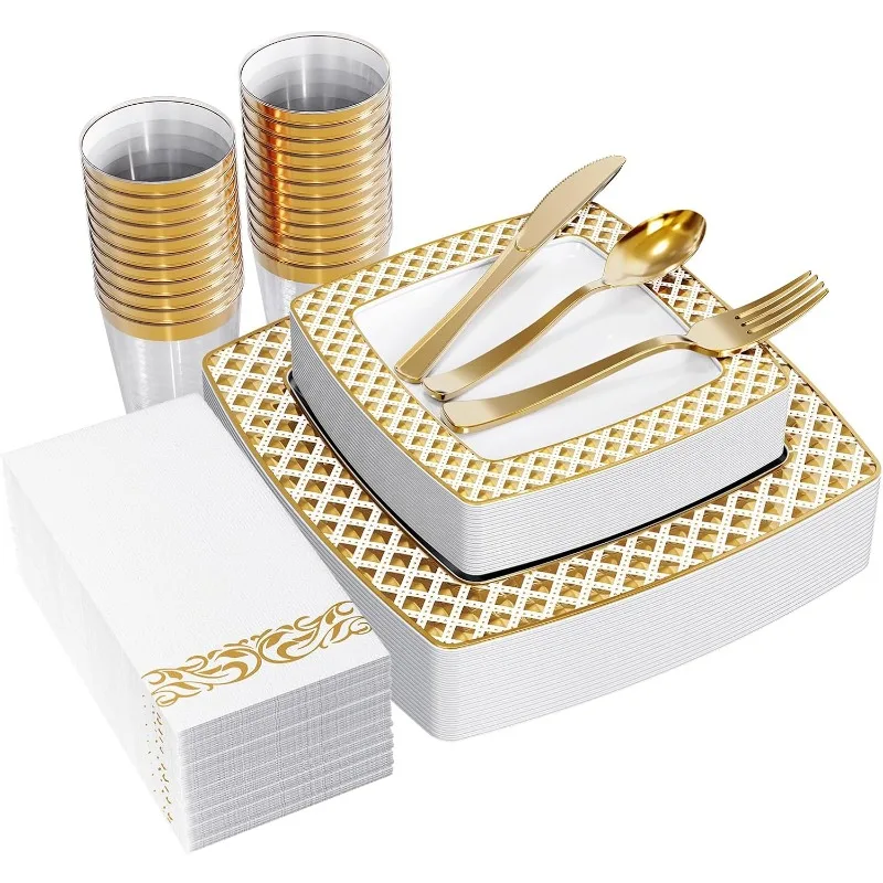 175 Piece Gold Dinnerware Set for 25 Guests- Square Plastic Plates with Diamond- Including Disposable 25 Dinner Plates