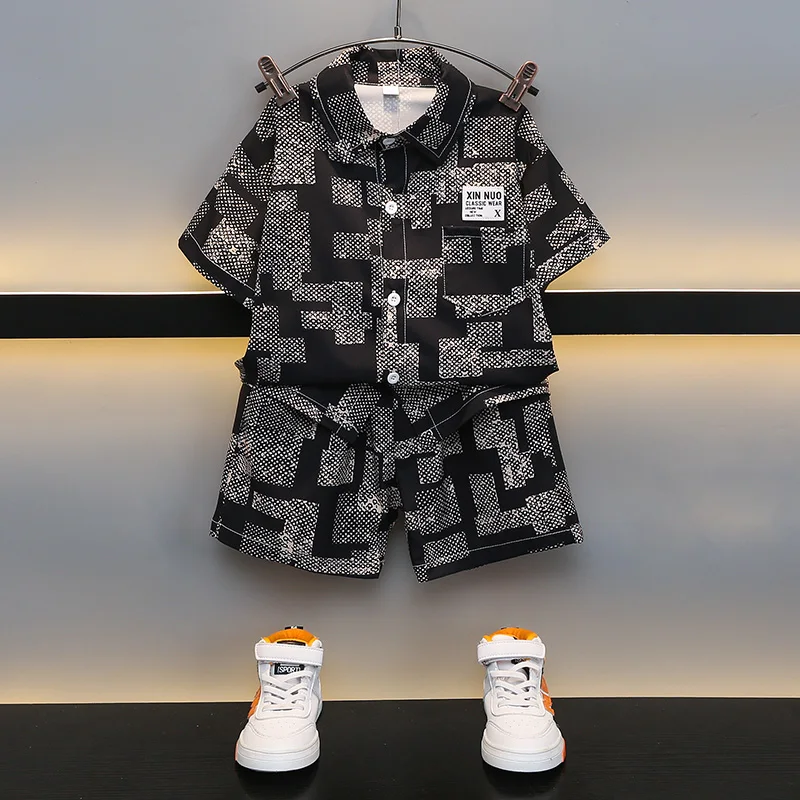 

Street Baby Boys Sets Summer Short Sleeve Shirt Coats + Short Pants 2pcs suit Plaid block shirt Outfits Kids Clothes 2 to 10 Yrs