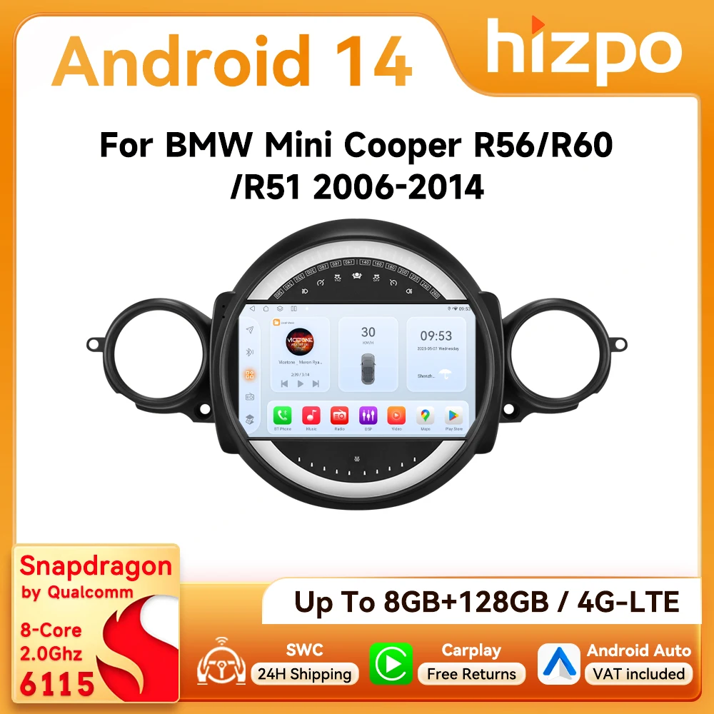 Radio de Coche Android Hizpo de 9 Pulgadas para BMW Mini Cooper R56 R60 R51 2006-2015, Auto Carplay, Navegación GPS, Estéreo, RDS, DSP, 4G, BT, Multimedia, 360 ° CAM 1