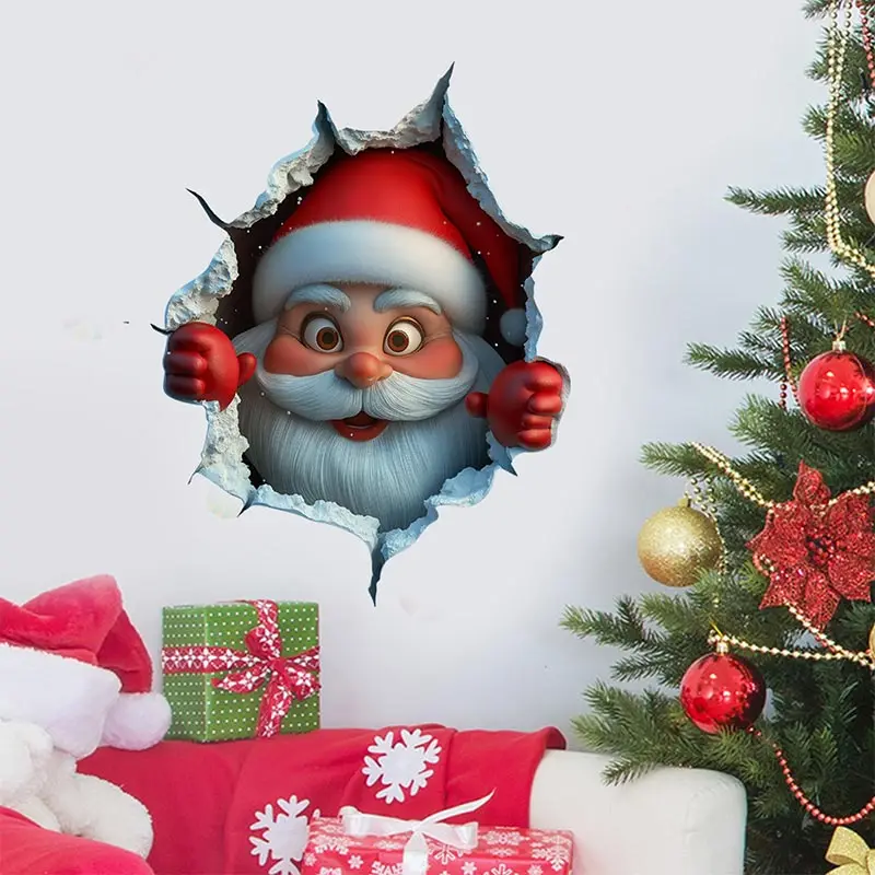 3D Christmas Sticker Cartoon Santa Claus Decal Sticker Creative Broken Wall Santa Claus Wall Stickers Home Decoration Stickers