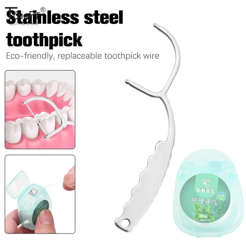 Stainless Steel Toothpicks Handle Tooth Flossing Reusable Oral Cleaning Tools
