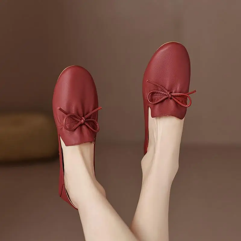 Genuine leather loafers 2024 spring/summer new flat bottomed round toe bow single shoe for women