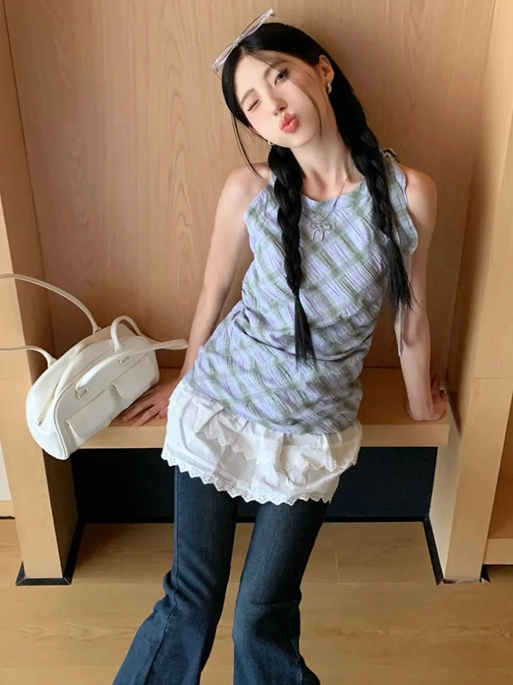 

Женское летнее платье из двух частей, облегающее клетчатое платье в стиле пэчворк с зауженной талией, корейское платье Y2k, 2024