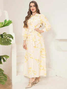 Elegant Long Shirt-Sleeve Dress with Chain Print Design, Belt & Pocket - Sophisticated Collared Neck, Button Details 4