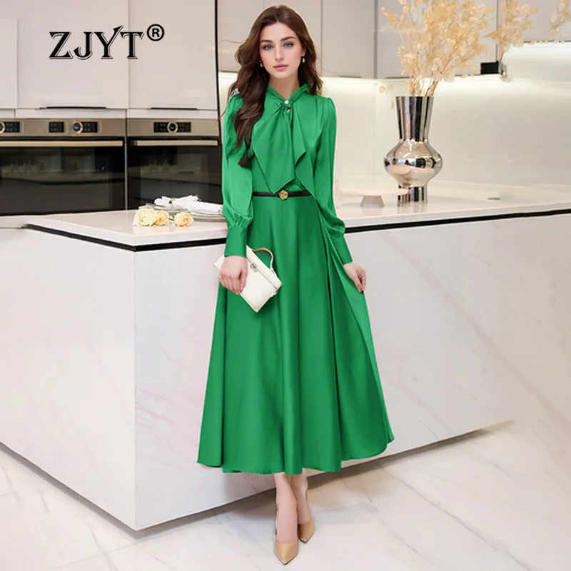 

ZJYT Women's Elegant Long Sleeve Midi Dress Spring 2024 Fashion Office Lady Aline Casual Dress Green Black Vestidos Para Mujer