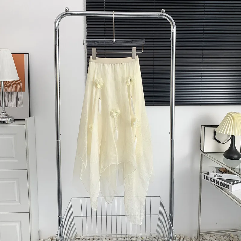 

2023 Newest Summer Women Fashion Three-Dimensional Flower Long Skirt Ladies Casual Elastic Waist Mesh Half Skirts Femme