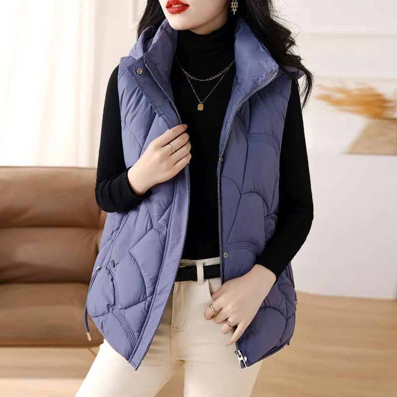 

New Fashion Korean Down Cotton Vest Women Black Overcoat Hooded Waistcoat 2023 Autumn Winter Fashion Korean Loose Snow Waistcoat
