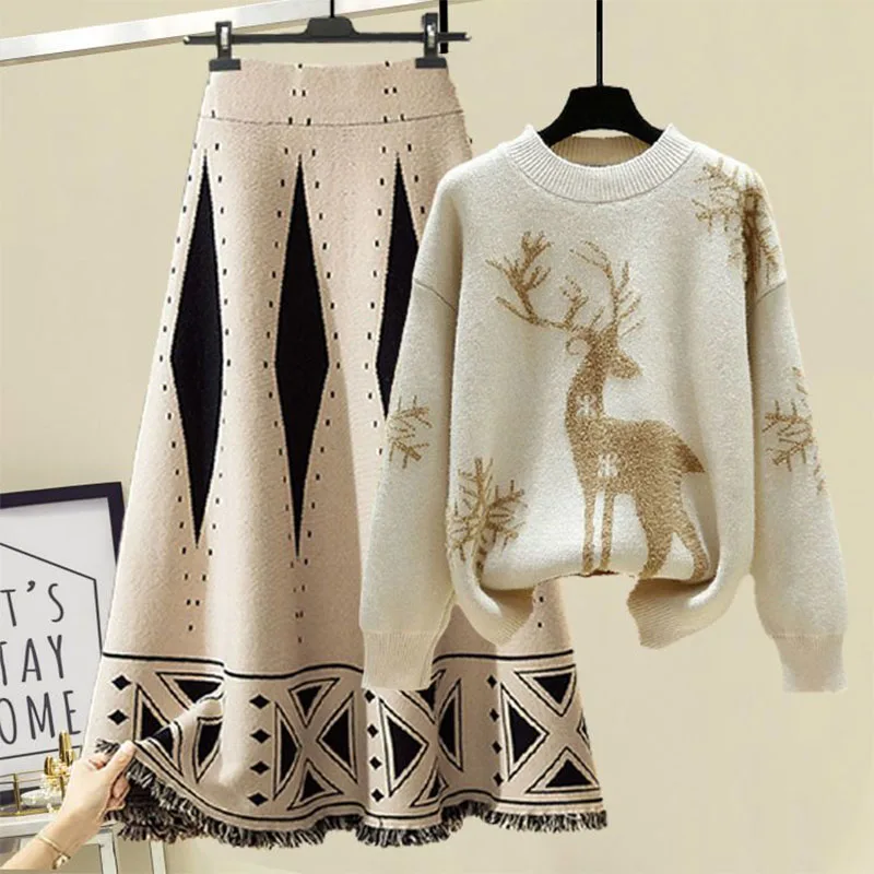 

Autumn Winter Long Sleeve Knitted Loose Sweet Heart Pullover Sweater Women And Long High Waist A Line Skirt Elegant 2 Piece Set