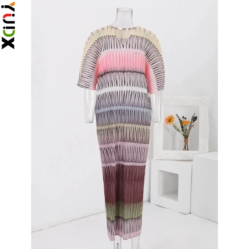 

YUDX MiyakeVintage полосатые плиссированные длинные платья с V-образным вырезом рукава летучая мышь модная женская весенняя одежда 2024