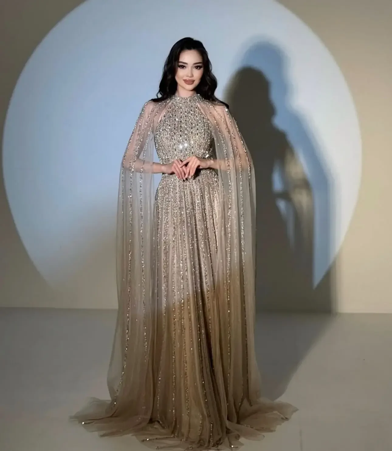 Aunber Luxury Champagne Sequin Ombré Evening Dresses High-Neck Halter Prom Dresses With Sheer Cape Party Dresses 4