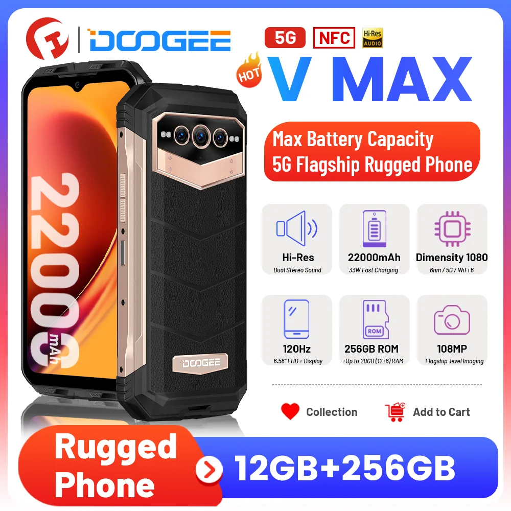 Doogee V Max 22000Mah Smartphone Robusto 12Gb 256Gb 108Mp 120Hz Telefono Robusto 6.58 "Cellulare 5G Dimensity1080 Hi-Res Cellulare