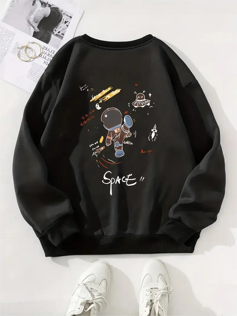 Astronaut Print Casual Long-Sleeved Sweatshirt, Pullover Loose Crew Neck Sweatshirt, Women's Sweatshirts