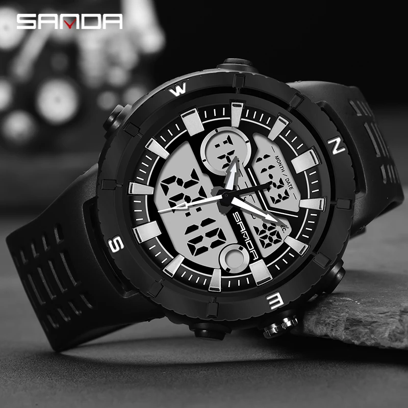 

SANDA Sports Watches 2023 New Multifunctional Chronograph Watch For Men Dual Display LED Digital Dial Luminous 5ATM Waterproof