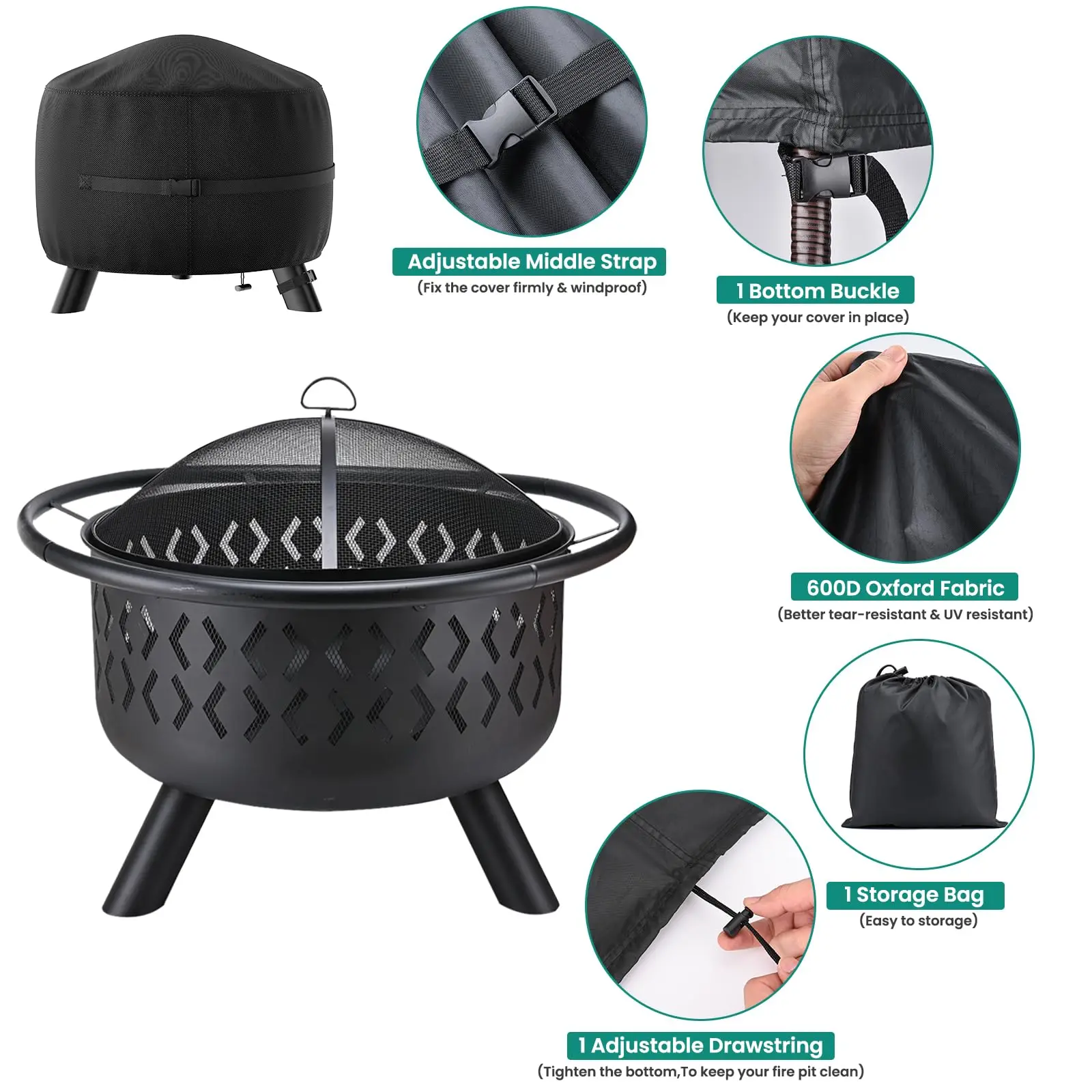 Patio Furniture Cover 600D Oxford Fabric Round Brazier Stove Fire Pit Windproof Anti-UV Waterproof