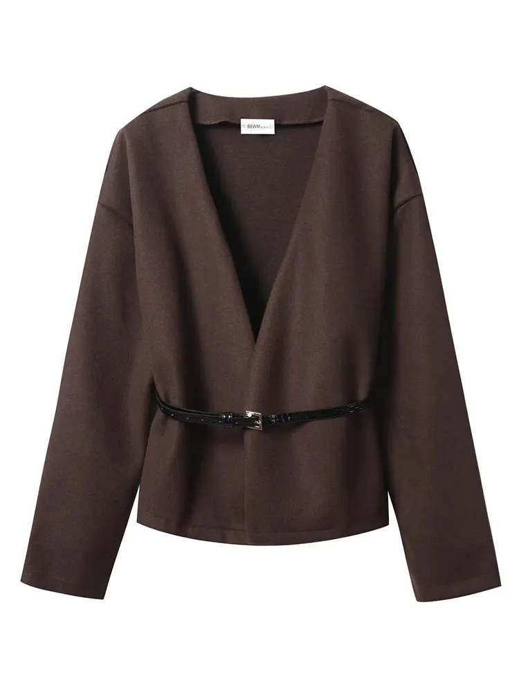 HH Women Elegant Solid V Neck Coats Casual Long Sleeve Jacket With Belt Autumn Woman Fashion High Street Lady Chic Outwear