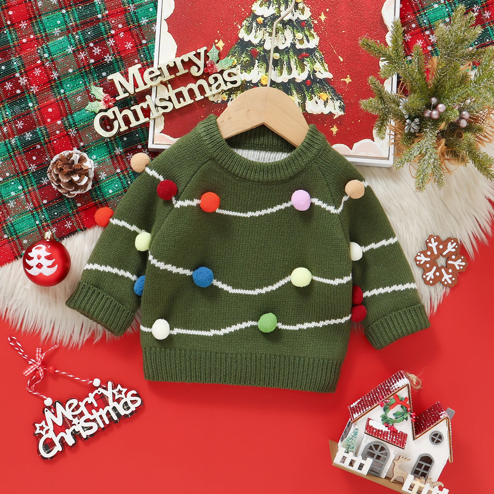  소녀 소년을 위한 크리스마스 스웨터 펠트 볼 장식이 있는 긴 소매 크루넥 니트 풀오버 탑