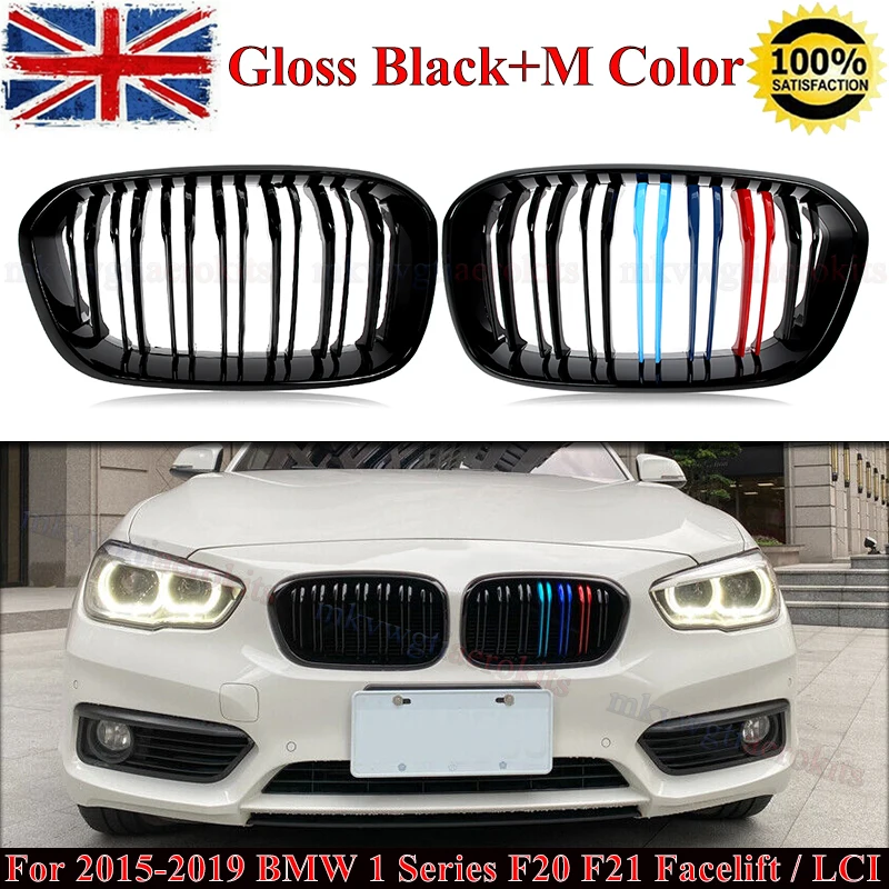 Pair For BMW 1-Series F20 5-door 2015-2019 Facelift Gloss Black+M Colour Front Bumper Kidney Grille Double Line Radiator Grills ABS plastic
