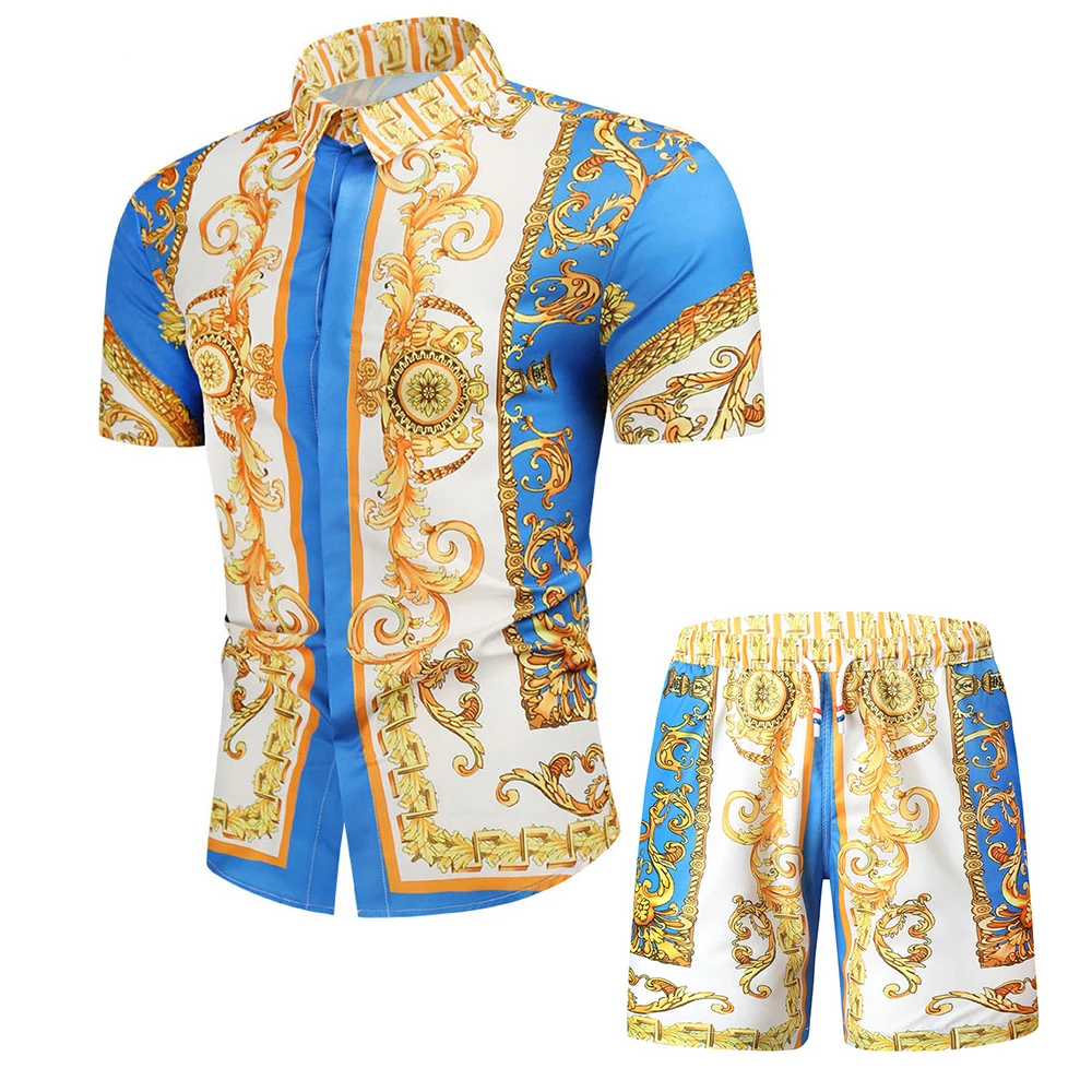 Conjunto de 2 piezas de camisa abotonada de lujo para hombre, camisa de palacio estampada de corte entallado, pantalones cortos, trajes de playa de verano hawaianos